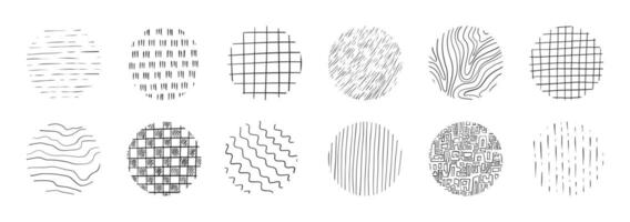 Set of hand drawn texture with different pencil patterns. Crosshatch, rain, wood, wave and lines. Vector illustration on white background