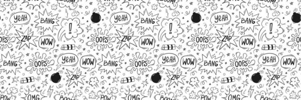 Vector seamless pattern of comics bombs and explosions in doodle style. Speech bubbles with words pow, wow, bang and omg