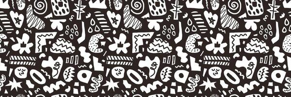 Abstract black seamless pattern hand drawn various shapes, curls, forms and doodle objects. Modern vector background