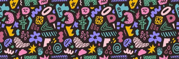 Abstract seamless pattern of colorful hand drawn various shapes, curls, forms and doodle objects. Modern vector background