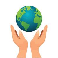 Hands holding globe earth icon cartoon style vector