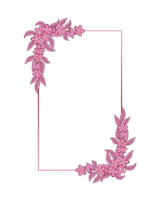 Vintage rectangular floral frame with hand drawn flowers. Pink flowers and leaves wrapped around a rectangular frame.