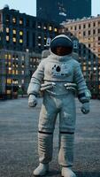 astronaut in a space suit stands alone on a crowded city sidewalk video