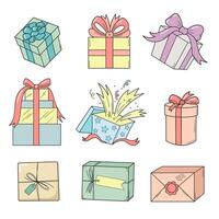 Cute colored box gifts vector icons. Birthday card set.