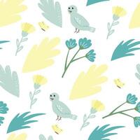 Vector spring floral pattern in doodle style with with cartoon birds, flowers and leaves. Delicate, spring floral background.