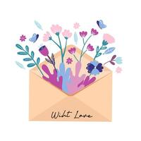 Spring lilac and purple flowers in envelope. Romantic message with love.  Vector festive Spring greeting card.