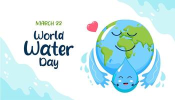 World Water Day banner template. Cute characters water drop and planet Earth embrace each other. Vector illustration.