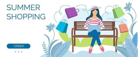 Summer Shopping banner template. Woman is sitting on the bench surrounded by flowers and shopping bags vector