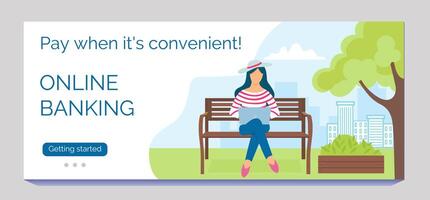 Vector template for online banking. A girl is sitting on a Park bench with a laptop in the summer. Paying a credit or bills online from a computer.