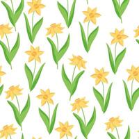 Vector floral pattern in doodle style with yellow daffodils. Spring flowers and leaves background.