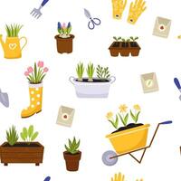 Spring gardening seamless background pattern. Set of gardening tools, potted flowers, seeds, watering can, wheelbarrow. Bright elements white background. vector