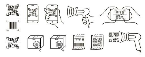 QR code scan doodle icons set. Vector illustrations for marketing and electronic commerce.