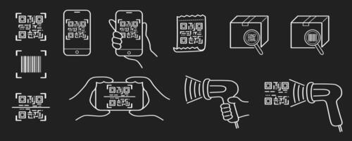 QR code scan doodle icons set on dark background. Vector illustrations for marketing and electronic commerce.