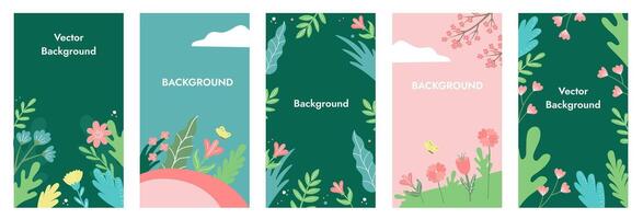 Vector collection of spring backgrounds with space for copying text. Bright banners, posters, design templates on social networks with leaves and flowers.