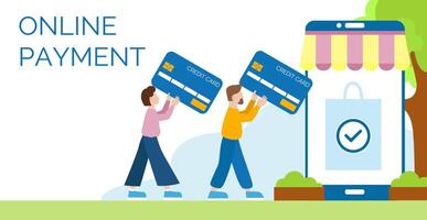 Banner template for online payment. Stylized little people carry credit cards in their hands, go to the screen of a smartphone stylized as a shop. Vector concept in a modern flat style.