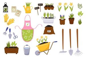 primavera jardinería. grande conjunto de elementos - jardinería herramientas, plantando, flores, accesorios. vector