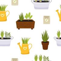 Spring gardening seamless vector pattern. Vegetables, greens in wood boxes and pots, seeds, watering can on a white background