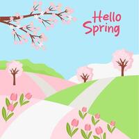 Spring nature landscape with flowering field and trees in bloom. Colorful vector template for greeting card, social media post or cover.