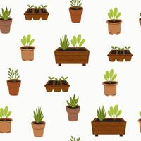 Home garden seamless pattern. Plants in pots and boxes on a white background. Vector background for printing on fabric, packaging, cards.