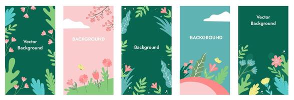 Vector collection of spring backgrounds with space for copying text. Bright banners, posters, design templates on social networks with leaves and flowers.