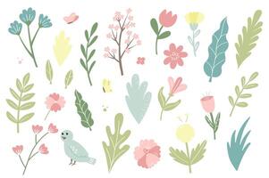 Flower collection with leaves, bird, grass. Spring art print with botanical elements. Happy Easter. Doodle style. Pastel icons for the spring holiday isolated on a white background. vector