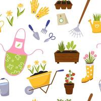 Spring gardening seamless background pattern. Set of bright elements - apron, gardening tools, potted flowers, seeds, watering can, wheelbarrow. vector