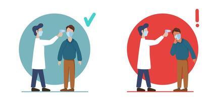 Checking body temperature with an electronic thermometer. Normal temperature in a healthy person and high temperature in a sick person. vector