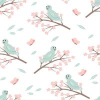 Vector pattern in doodle style with birds and cherry blossom branches. Delicate, spring floral background.