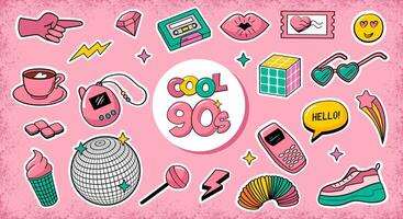 90s linda elementos recopilación. vector conjunto de retro pegatinas en rosado antecedentes.