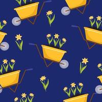 Spring seamless pattern. Yellow garden wheelbarrows and daffodils on a blue background. Bright background for printing on packaging, fabric, postcards. vector