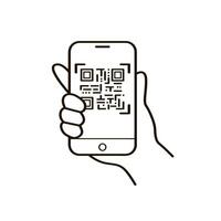 Hand holds smartphone. QR code scan doodle icon. Vector illustration for marketing and electronic commerce.