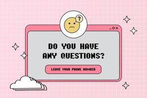 Do you have any questions - popup window. Emoticon sad icon. Retro computer aesthetic. Computer screen 90s, 2000s vector illustration.