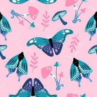 Vector seamless pattern of colorful butterflies of different shapes on a dark blue background. Beautiful trendy background for packaging, fabric, wallpaper.