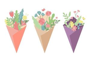 Spring bouquets vector collection. Spring flowers, branches, leaves on white background.