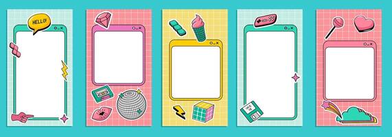 90s cute post templates collection. Social media stories and posts with retro groovy cartoon elements. vector