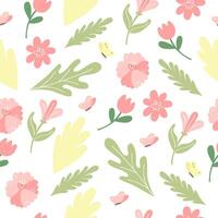 Vector floral pattern in doodle style with flowers and leaves. Delicate, spring floral background.