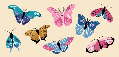 hermosa mariposas de diferente formas en beige antecedentes. vector vistoso conjunto de ilustraciones para el diseño de embalaje, tarjetas, patrones.