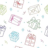 Colourful gifts seamless background. Festive packaging contour illustrations white background. vector