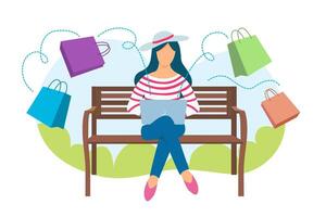 beautiful girl is sitting in a summer Park with a laptop and shopping online. Vector concept on the topic of online shopping using the app.