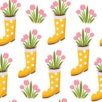 Spring seamless pattern. Yellow rubber boot with polka dots with pink tulips on a white background. vector