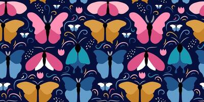 Vector seamless pattern of colorful butterflies of different shapes on a dark blue background. Beautiful trendy background for packaging, fabric, wallpaper.