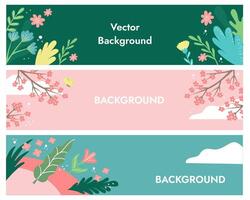 Vector collection of spring backgrounds with space for copying text. Bright banners, design templates with leaves and flowers.