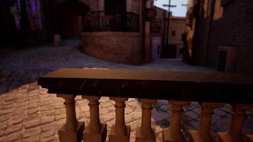 A close up of a railing with a brick building in the background video