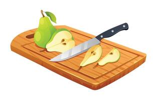 Sliced green pears with knife on cutting board. Vector illustration isolated on white background