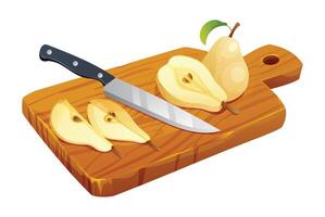 Sliced pears with knife on cutting board. Vector illustration isolated on white background