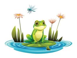 Frog sitting on a leaf in the pond with dragonfly. Vector cartoon illustration isolated on white background