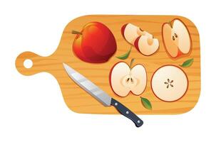 Fresco entero, medio y cortar rebanadas manzana frutas con cuchillo en corte tablero. vector ilustración aislado en blanco antecedentes