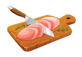 Fresh raw sliced meat with knife on cutting board. Vector illustration isolated on white background