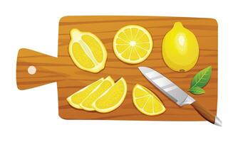 Fresh whole, half and cut slices lemon with knife on cutting board. Vector illustration isolated on white background