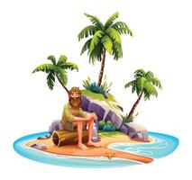 Shipwreck man on desert island with palm trees and rocks. Vector cartoon illustration